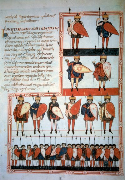 Los diez reyes del apocalipsis con armas de lanzas y escudos con sus tropas. Miniatura en "Beato de Liébana, Comentario al Apocalipsis" (Folio 193), por Stephanus Garcia de Unknown artist