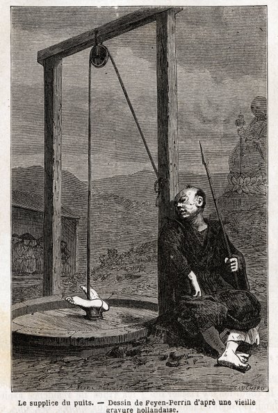 El tormento del pozo, la víctima, cabeza abajo, es colgada en una cisterna, que se cierra con tablas para hacerla completamente oscura, la muerte no llega al suplicio hasta después de unos diez días, este tormento fue muy utilizado contra los cristianos ja de Unknown artist