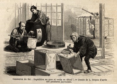 El comercio del té: envío al por mayor y al por menor. Grabado para ilustrar el viaje a Japón, por Aime Humbert, ministro de la Confederación Suiza, en 1863-1864, publicado en 