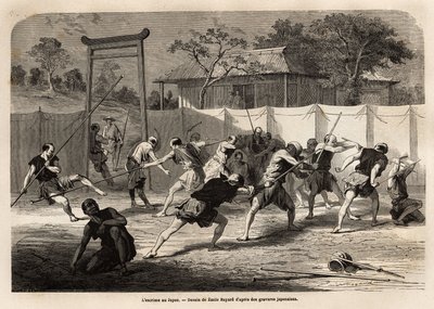 El entrenamiento de guerreros japoneses en combate con espada y lanza, en una especie de arena rodeada de lona estirada. Grabado para ilustrar el viaje a Japón en 1863-1864, por Aime Humbert, ministro de la Confederación Suiza, en “Le tour du monde, nouvea de Unknown artist