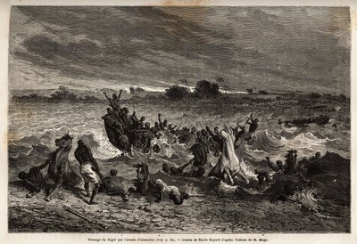 El transporte del ejército del Rey Ahmadou en el río Níger durante la temporada de lluvias le causó numerosos naufragios y muchas pérdidas de caballos. Grabado para ilustrar el viaje al Sudán Occidental del Teniente (Marina) M.Mage, en 1863-1866, publicado de Unknown artist