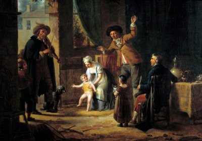 El músico ambulante. Un violinista toca música en la puerta de una casa familiar. Pintura anónima. 1819. París, Artes Decorativas de Unknown artist