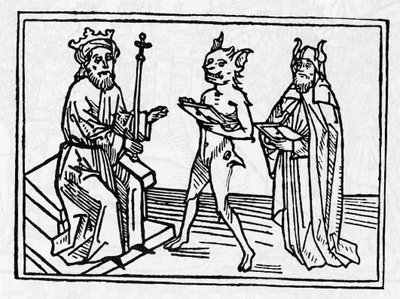 El juicio de Belial: “El demonio Belial presenta sus credenciales al juez Salomón” Grabado del “El juicio de Belial” de Jacobus de Teramo (o Palladino), Augsburgo de Unknown artist