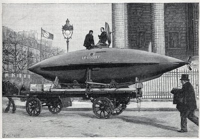El barco submarino “Le Goubet”, transportado para experimentos, pasa por la Place de la Madeleine en París. Grabado en “La Nature” de Unknown artist