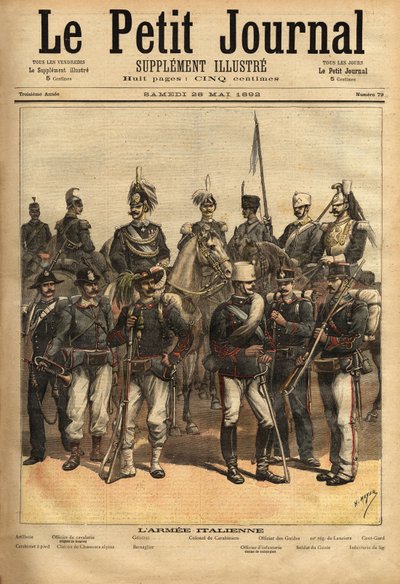 Los uniformes del ejército italiano, a caballo de izquierda a derecha: la artillería, el oficial de caballería, el general, el coronel de carabineros, el oficial de los guías, el 10º regimiento de lanzas, el centésimo. De pie de izquierda a derecha: el car de Unknown artist