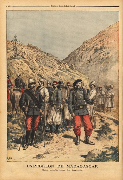 Los uniformes del ejército, un atuendo de campaña para la expedición de Madagascar. Grabado en "Le petit journal" 21/04/1895. Colección Selva. de Unknown artist