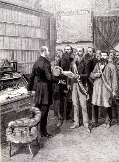 La visita de los delegados obreros al Palais Bourbon (Jules Guesde, Sr. Ferroul, Sr. Baudin y Sr. Thivrier) al Secretario General de la Presidencia: Sr. Martin, durante la manifestación del 1 de mayo de Unknown artist