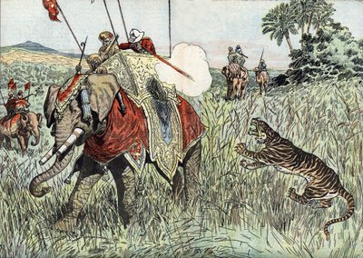 The voyage of the Prince of Wales (then Edward VIII then Duke of Windsor) (1894-1972), to the British Indies, represented here during a tiger hunt" (El viaje del Príncipe de Gales (entonces Eduardo VIII y luego Duque de Windsor), a las Indias Británicas, r de Unknown Artist