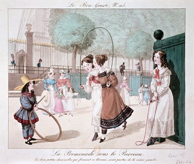 El paseo bajo la cuna: Las dos pequeñas damas que forman esta cuna, son de la misma pierna (Jardín de las Tullerías), c. 1840 de Unknown artist