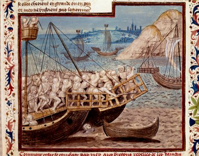 La guerra de las Galias: El desembarco de las tropas de Julio César y la victoria sobre los bretones. Miniatura de 