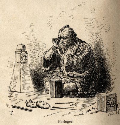 El relojero y fabricante de relojes de sol, en su taller, agachado frente a un pequeño yunque, sus herramientas esparcidas en el suelo a su alrededor. Grabado para ilustrar el viaje a Japón, por Aime Humbert, ministro de la Confederación Suiza, en 1863-18 de Unknown artist