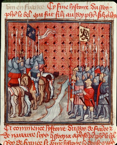 Las armas de Felipe IV el Hermoso (1268-1314) en la orilla de un río se encuentran con un ejército enemigo miniatura del “Las grandes crónicas de Francia” siglo XIV Chantilly, Museo Condé de Unknown artist