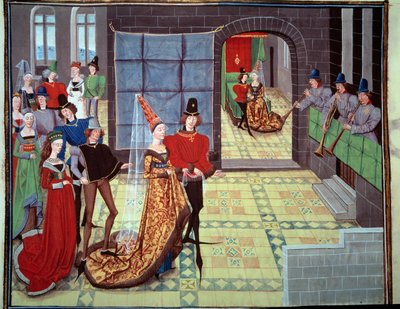 La boda de Renaud y Clarisse, en el fondo en la noche de bodas. Miniatura del manuscrito Renaud de Montauban o Los cuatro hijos Aymon por Loyset Liedet (activo entre 1448 y 1478). Ms. 5073. Siglo XV Biblioteca de l