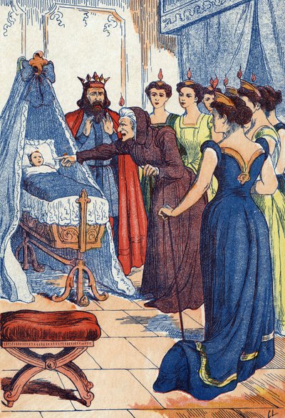El hada malvada predice que la princesa se pinchará la mano. Ilustración para “La bella durmiente”, cuento de Charles Perrault (1628-1703), escritor francés. Imaginario Marcel Vagne, Jarville Nancy, sin fecha (finales del siglo XIX). de Unknown artist