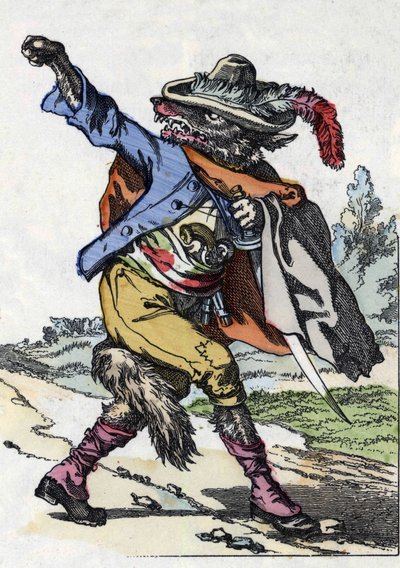 El lobo. Ilustración del cuento “Compere le Loup, Maitre Renard, Comere la Chevre et ses petits biquets” después de una fábula de Jean de la Fontaine. En “Cuentos del hogar para los pequeños”. Grabado anónimo del siglo XIX de Unknown artist