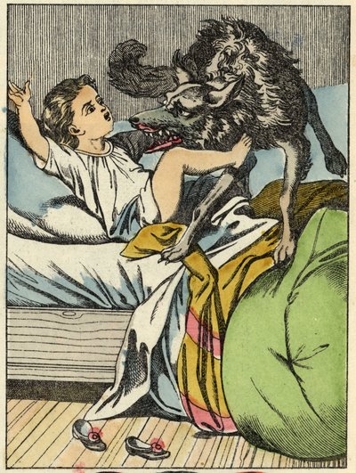 El lobo golpea a Caperucita Roja. Ilustración del cuento "Caperucita Roja" de Charles Perrault de Unknown artist