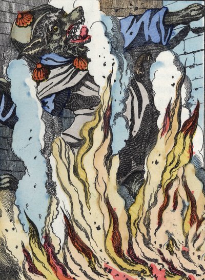 El lobo cae en el fuego de la chimenea. Ilustración del cuento "Compere le Loup, Maitre Renard, Comere la Chevre et ses petits biquets" después de una fábula de Jean de la Fontaine. En "Cuentos del hogar para los pequeños". Grabado anónimo del siglo XIX de Unknown artist