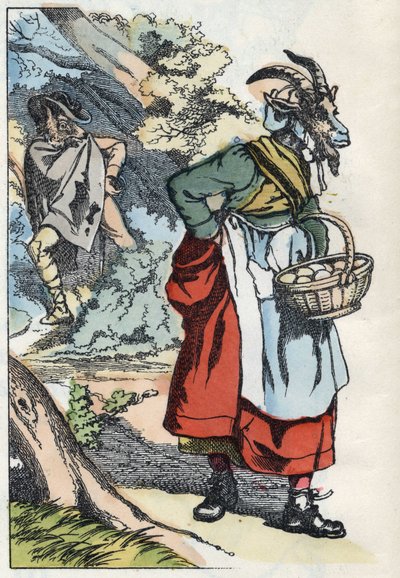 El lobo busca a la cabra que deja su hogar. Ilustración del cuento "Compere le Loup, Maitre Renard, Comere la Chevre et ses petits biquets" después de una fábula de Jean de la Fontaine. En "Cuentos del hogar para los pequeños". Grabado anónimo del siglo XI de Unknown artist