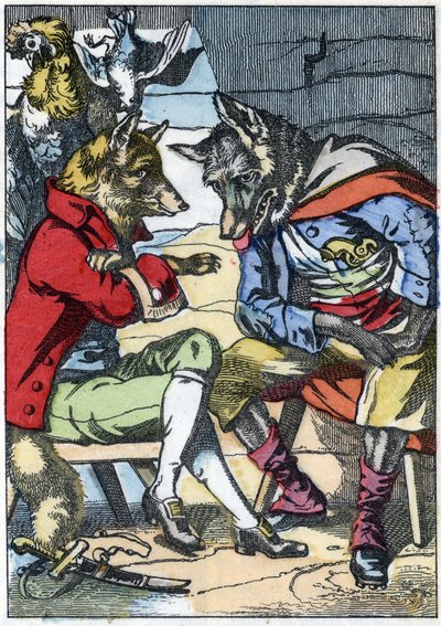 El lobo se encuentra de nuevo con el zorro. Ilustración del cuento “Compère le Loup, Maître Renard, Commère la Chèvre et ses petits biquets” después de una fábula de Jean de la Fontaine. En “Cuentos del hogar para los pequeños”. Grabado anónimo del siglo X de Unknown artist