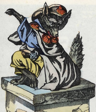 El lobo se sienta en la chimenea. Ilustración del cuento “Compere el Lobo, Maitre Renard, Comere la Cabra y sus pequeños cabritos” después de una fábula de Jean de la Fontaine. En “Cuentos del hogar para los pequeños”. Grabado anónimo del siglo XIX. de Unknown artist