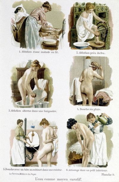 La mujer, médico en casa: el agua como medio curativo. 1. Ablución de una persona enferma en la cama, 2. Ablución por fuego, 3. Ablución alternada en una bañera, 4. Ducha de lluvia, 5. Ducha con un tubo de grifo de cocina, 6. Riego en un pequeño interior - de Unknown artist