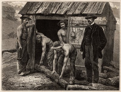 Los carpinteros de la mina de Montchanin, arrojándolos al pozo inclinado; en traje, el ingeniero jefe de la mina supervisa las maniobras. Grabado para ilustrar un viaje a Creusot y las minas de Saona y Loira, en 1865, por L. Simonin, en “Le de Unknown artist