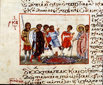 Las plagas de Egipto: el agua del Nilo convertida en sangre. Miniatura del "Códice del Octateuco del Serail" (ms.8 o Seraglio Octateuch) siglo XII Biblioteca del Museo Topkapi Sarayi Estambul de Unknown artist