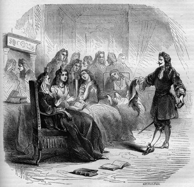 El escritor Georges de Scudéry (1598-1667) durante un salón literario organizado por su hermana, Madeleine de Scudéry, en 1650. Grabado de 1860-1861 de Unknown artist