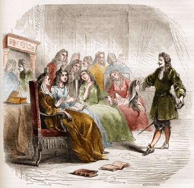 El escritor Georges de Scudery (1598-1667) durante un salón literario organizado por su hermana, Madeleine de Scudery, en 1650. Grabado de 1860-1861 de Unknown artist