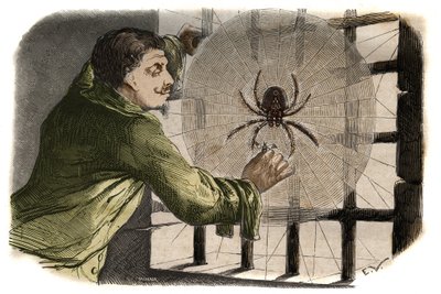 El escritor Paul Pellisson (Paul Pellisson-Fontanier) (1624-1693) doma una araña durante su encarcelamiento en la Bastilla. Grabado de 1858 en 