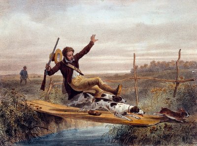 El paso en falso. Un cazador cae de un pequeño puente, empujado por perros persiguiendo una liebre (grabado del siglo XIX) de Unknown artist