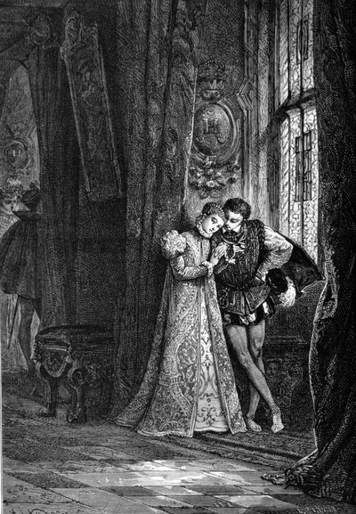 Los jóvenes prometidos María I Estuardo (1542 - 1587) y Francisco II (1544 - 1560) gustaban de apartarse para confidencias. Grabado del siglo XIX. de Unknown artist