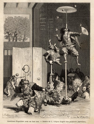 Teatro de saltimbanquis: malabaristas, equilibristas y acróbatas, los cuales son típicos de la región de Edo (Tokio), reconocibles por sus trucos de equilibrio con nariz falsa de estiércol, el principal atributo de la divinidad Tengu, patrón de estos salti de Unknown artist