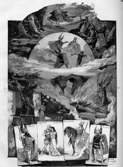Obra de teatro “Die Walküre” (La Valquiria), drama de Richard Wagner (1813-1883) representado en el Théâtre de la Monnaie en Bruselas. Grabado en “Le Monde Illustré” de Unknown artist