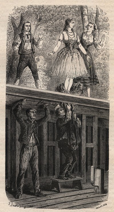 Trucos teatrales - metamorfosis - grabado de 1875 de Unknown artist