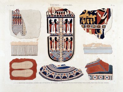 Tebas, Hipogeos: 1.2.3.6.7.8. pinturas de envoltorios de momias 4.5. Detalles de un fleco y una tela a rayas, encontrados en momias - en “Descripción de Egipto” 1809, Antigüedades vol 2 pl 112 de Unknown artist