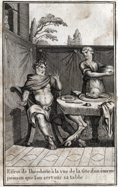 Teodorico el Grande (ca. 454/455-526), rey de los godos, se asusta al ver la cabeza de un enorme pez servido en su mesa. Grabado en “Beauté de l