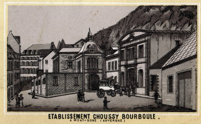 Establecimientos termales de Choussy en Bourboule en el macizo de Monts Dore, en el departamento de Puy-de-Dome en Auvernia. Cromolitografía de finales del siglo XIX. de Unknown artist