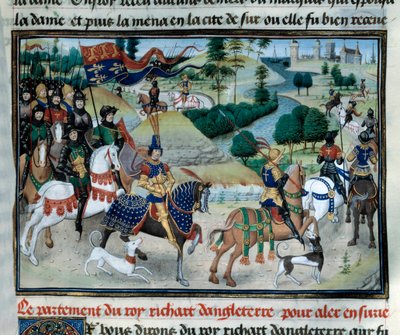 Tercera Cruzada: Ricardo Corazón de León (o Ricardo I de Inglaterra) zarpó en junio de 1191 hacia Tierra Santa desde Chipre. Miniatura tomada de 