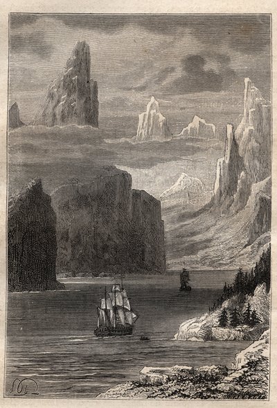 Tercer viaje (1776-1779) del Capitán James Cook (1728-1779): Entrada del Príncipe William (Alaska) - ilustración tomada de "Los Grandes Navegantes del siglo XVIII" de Unknown artist