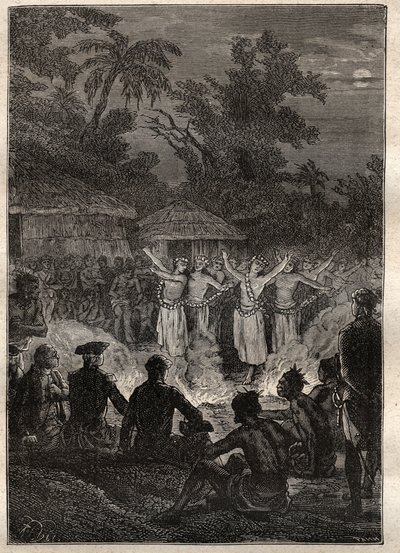 Tercer viaje (1776-1779) del Capitán James Cook (1728-1779): una fiesta en las islas de los Amigos (Reino de Tonga, Polinesia) - ilustración tomada de “Los grandes marineros del siglo XVIII” de Unknown artist