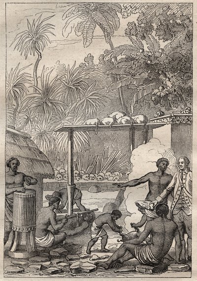 Tercer viaje (1776-1779) del Capitán James Cook (1728-1779): sacrificio humano en Tahití - ilustración tomada de "Los Grandes Marineros del siglo XVIII" de Unknown artist