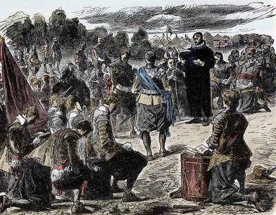 Guerra de los Treinta Años: Suecos en oración antes de la Batalla de Lützen - Guerra de los Treinta Años (1618-1648): El Rey Gustavo II Adolfo de Suecia (1594-1632) y sus tropas se reúnen para una celebración religiosa antes de la Batalla de Lützen (1632) de Unknown artist