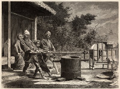 Tres campesinos operando el molino de arroz. Grabado para ilustrar el viaje a Japón en 1863-1864, por Aime Humbert, ministro de la Confederación Suiza, en “Le tour du monde, nouveau journal des voyages”, publicado bajo la dirección de Edouard Charton de Unknown artist