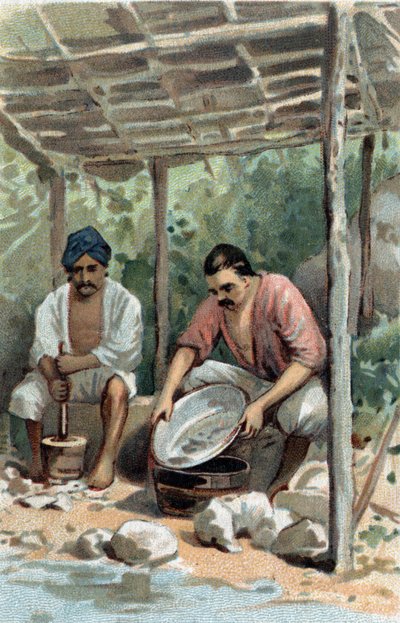 Lavadores de estaño en Malaca (Malaka), Malasia. Cromolitografía de finales del siglo XIX. de Unknown artist