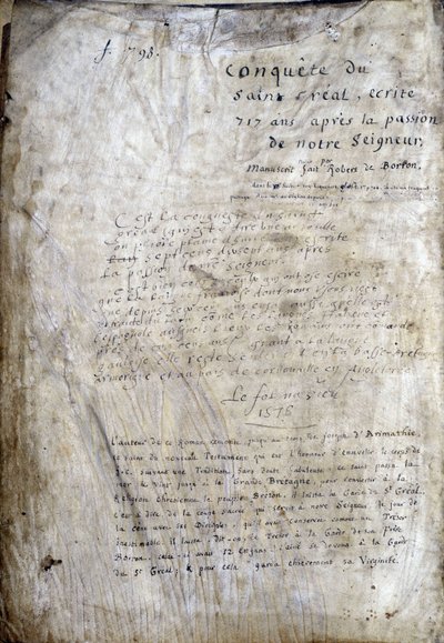Página de título de un manuscrito: Conquista del Santo Grial, escrito 717 años después de la pasión de nuestro señor. Biblioteca municipal de Rennes, ms. 255 (Colección de novelas de la Mesa Redonda) de Unknown artist