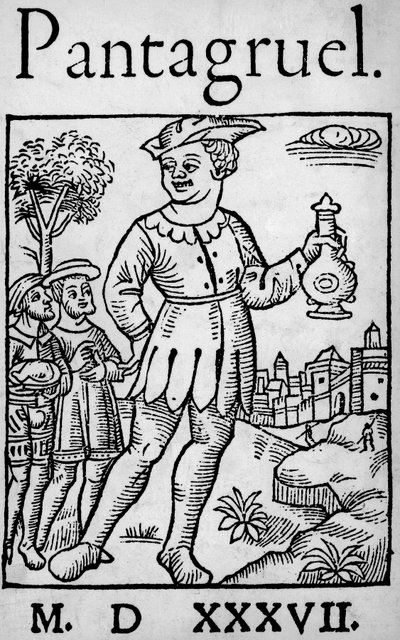 Portada de la edición de 1537 de Pantagruel, de François Rabelais - El gigante Pantagruel y dos de sus apóstoles, de 
