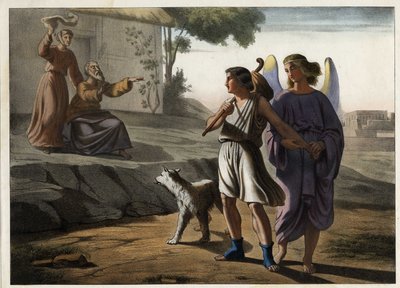 La partida de Tobías acompañado por el ángel (sus padres lo despiden, incluido Tobit, su padre). Grabado anónimo de mediados del siglo XIX. de Unknown artist