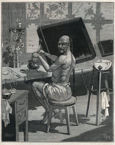 Laca de aceite de tung en China. Grabado de 1885 en 
