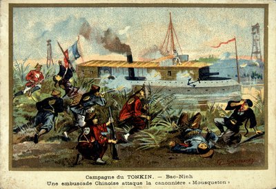 Campaña de Tonkín: en Bac-Ninh, una emboscada china ataca el barco cañonero "Carabiner" - cromo., finales del siglo XIX de Unknown artist
